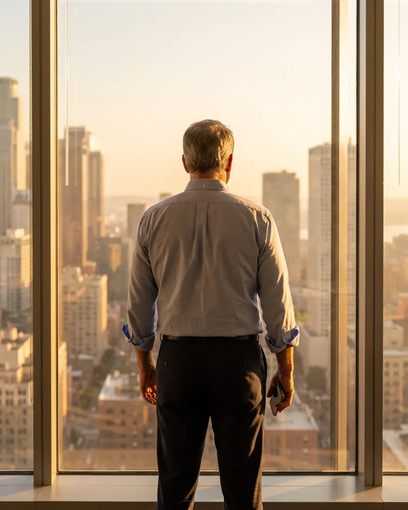 A man in shirtsleeves looks out of an office window late in the day.