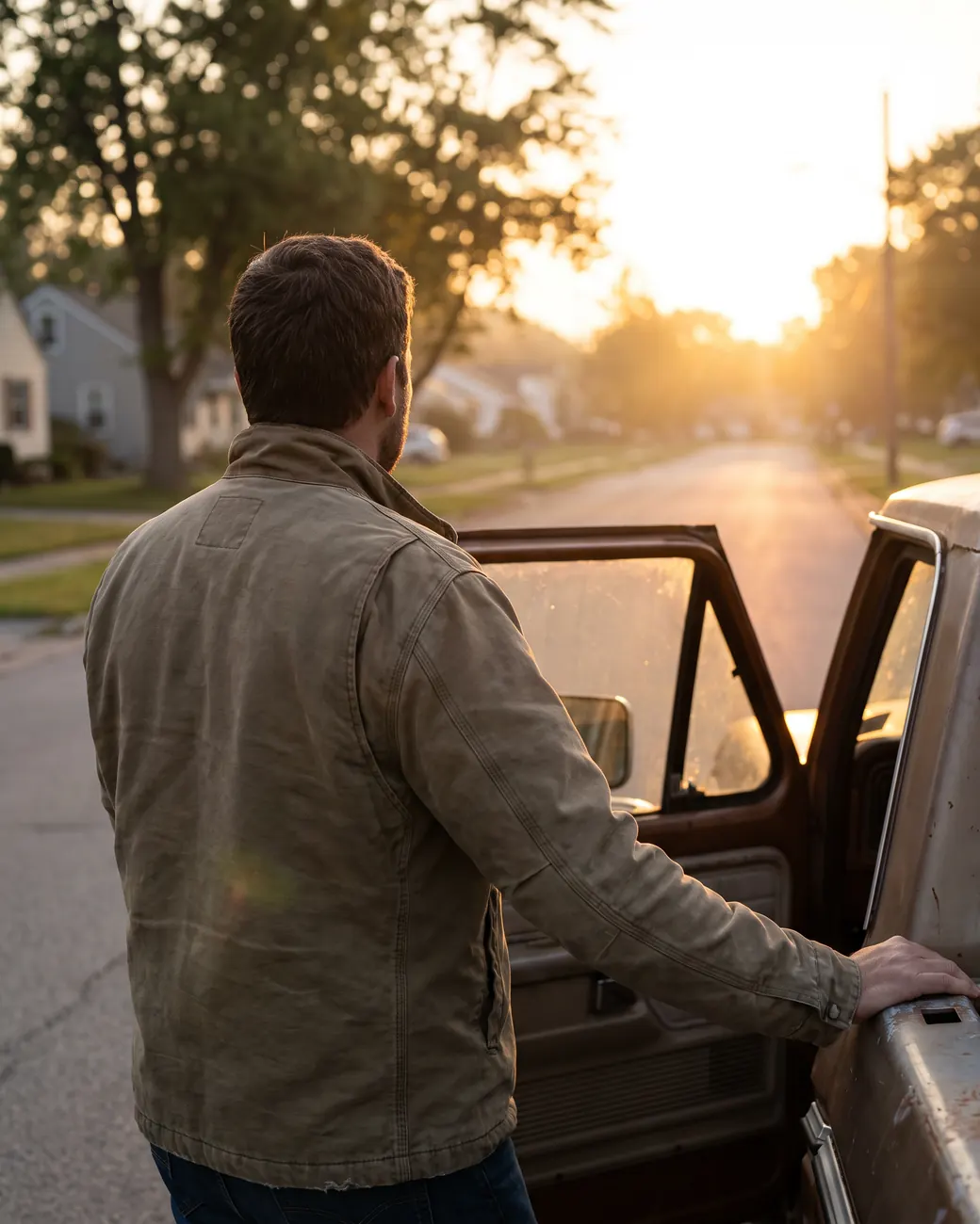 A man in a work jacket stands by his truck at sunrise, looking down an empty street.